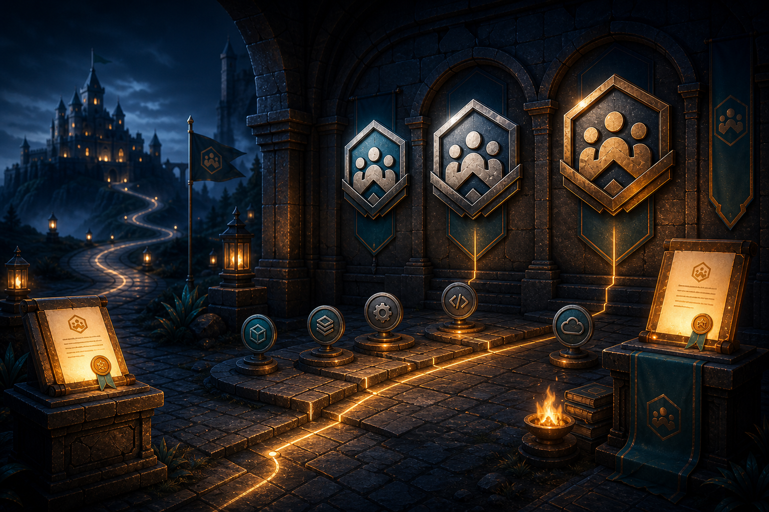 Guild certification badge hall with level medallions