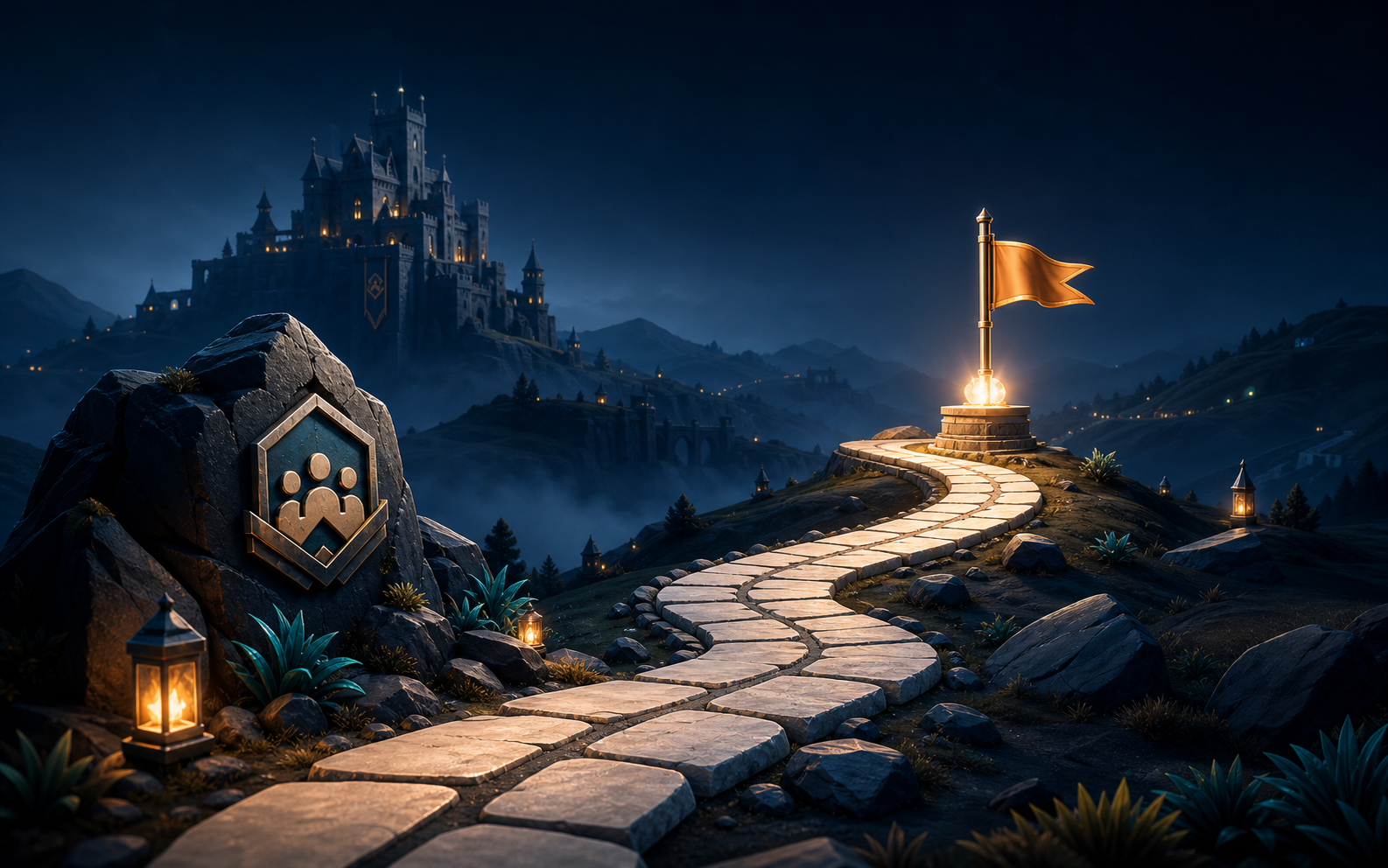 Guild path leading to a lit marker and flag